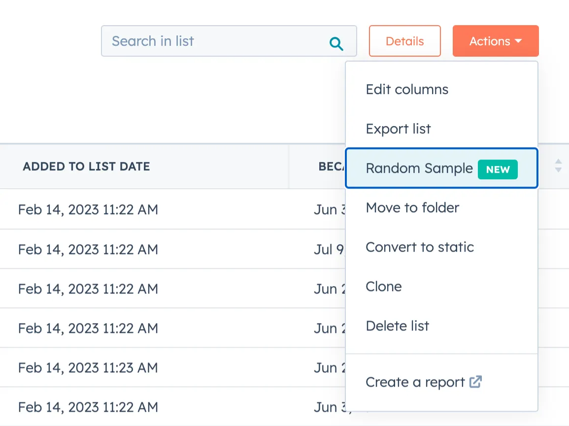 screenshot of Hubspot CRM sample list