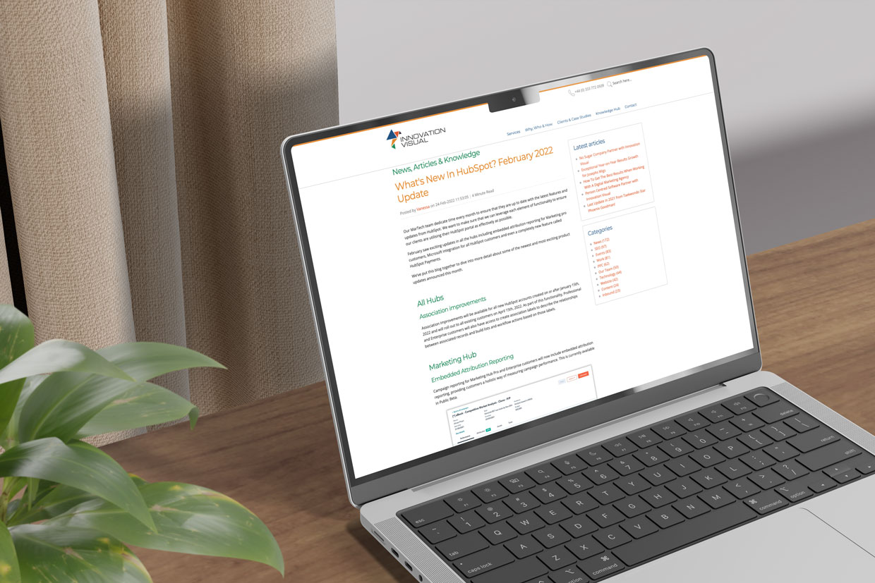 Innovation Visual's blog Whats New in Hubspot? Feb 2022 Update on laptop screen