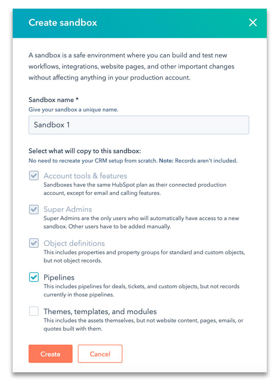 The 'create sandbox' window on HubSpot's CRM